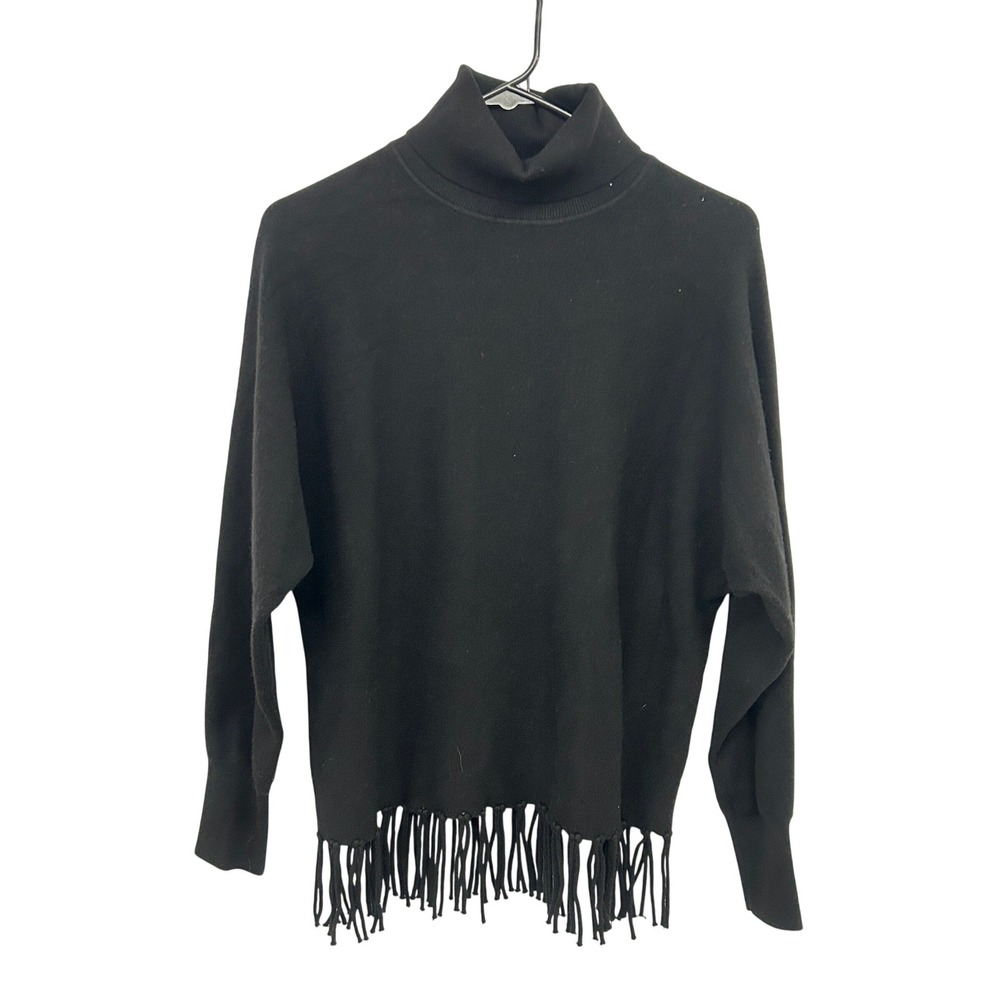 Boho Turtleneck Fringe‎ Hem Sweater Large Black Western Chic Carmen Marc Valvo